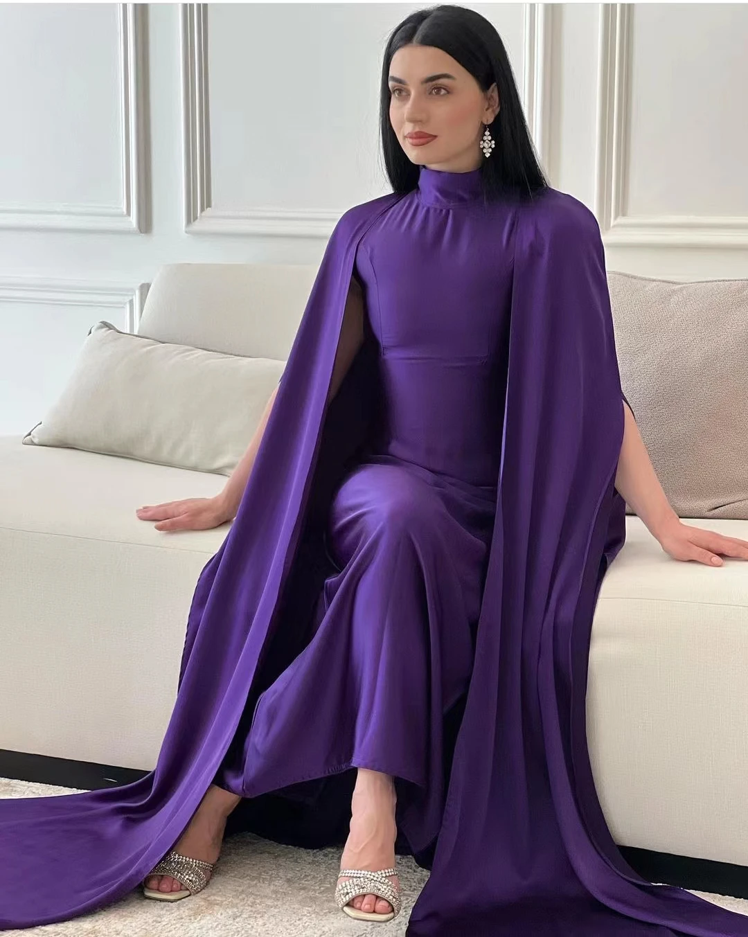 

Other Shore Purple Satin Evening Dress High Neck Ankle-Length Women Simple Party Dress 2023 Saudi Arabic فساتين السهرة
