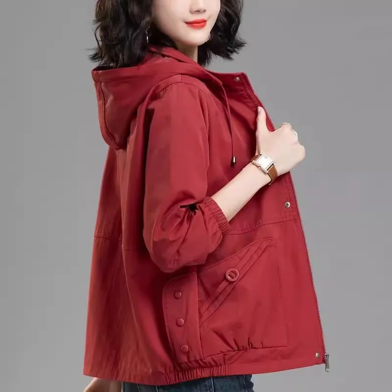 4XL Leisure Women's Short Jacket Spring And Autumn Trench 2024New Loose Oversized Middle-Aged Mother Hooded Baseball Jacket Top