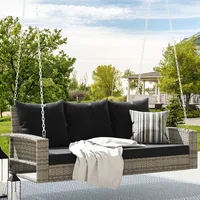 3-Seater Wicker Hanging Porch Swing Chair Outdoor Gray Rattan Patio Swing Lounge 3 Back Cushions Capacity for Garden, Balcony 1