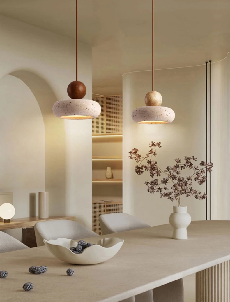 Suspension Luminaire Décoratif en Bois et Pierre