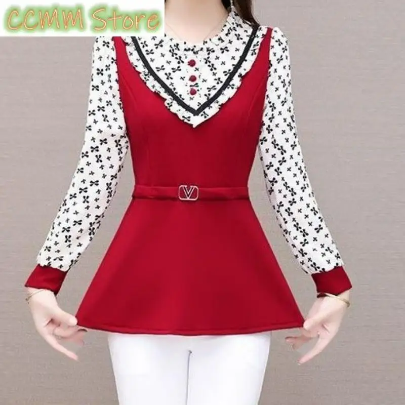 Футболка женская средней длины с длинным рукавом, Элегантная Модная приталенная Повседневная рубашка в стиле пэчворк, в Корейском стиле, весна-осень