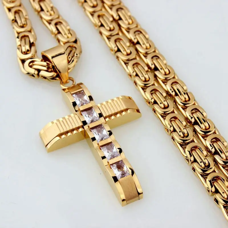 

Mens Stainless Steel Gold Cross Zircon Pendant Necklace Flat Chain Tone 6Mm 22Inch Promotion