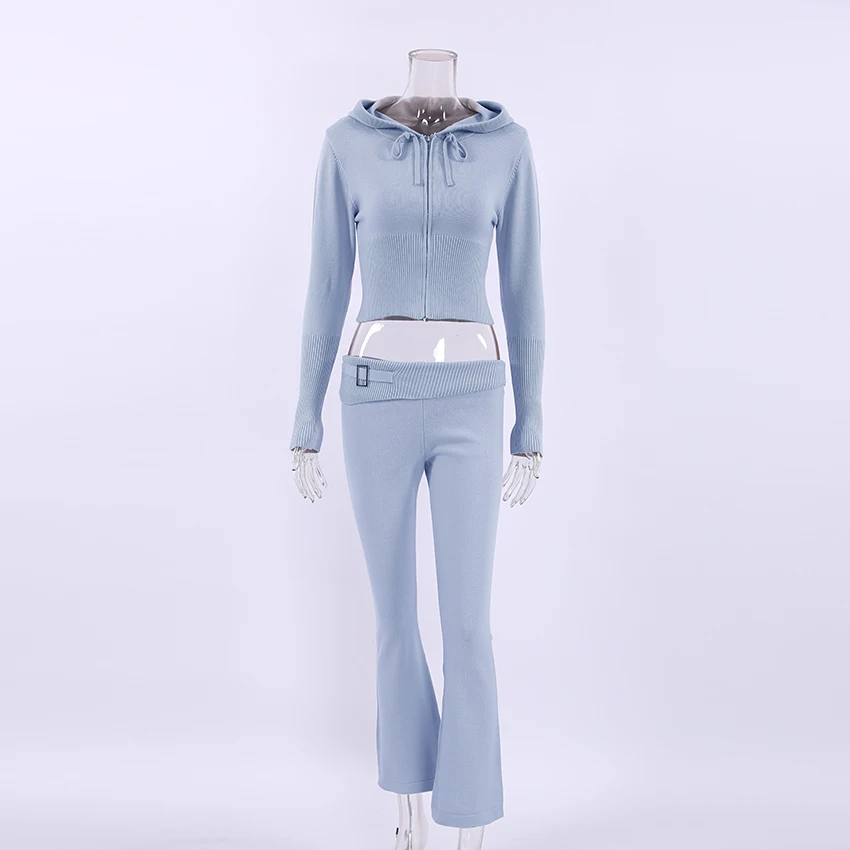 Knit Hoodie And Pants Sets Women Outfits Low Waist Knitted Cropped Top Sweat Leggings Women Two Piece Set Tracksuit New