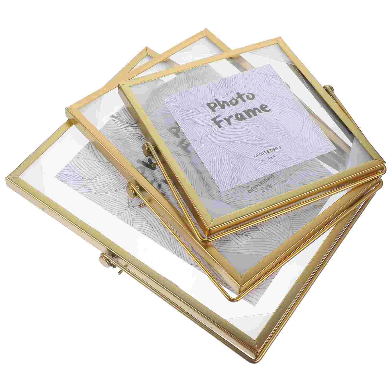 

3 Pcs Iron Photo Frame Gold Picture Pressed Flowers Glass Decor Holder Standing Display Case Specimen Showing Shelf