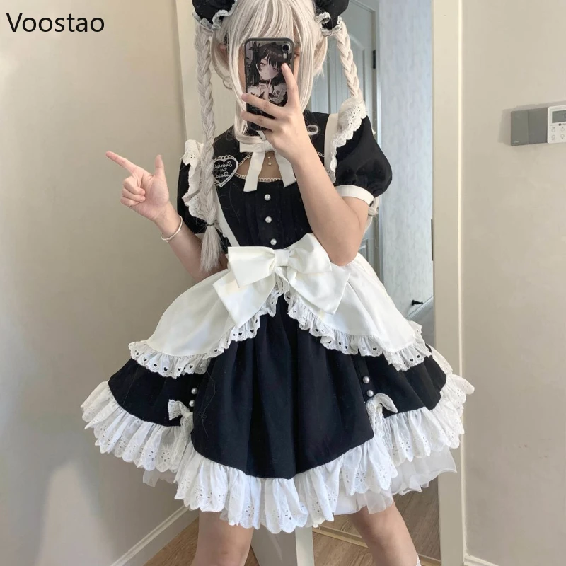 Lolita Dress Japanese Sweet Lolita Dress Women Gothic Kawaii Puff Sleeve Ruffles Cosplay Party Dresses Girls Cute Apron Maid Carnival Dress
