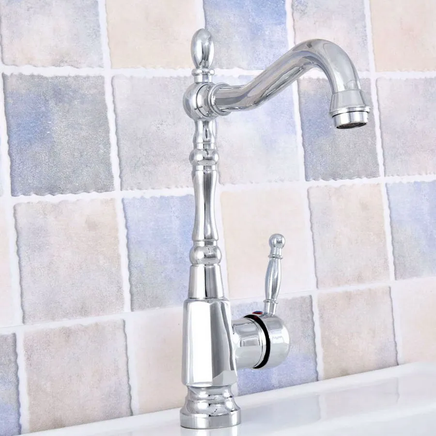 

Chrome Brass Single Lever Handle Kitchen Basin Faucet Bathroom Sink Hot And Cold Water Tap Swivel Spout 2sf634