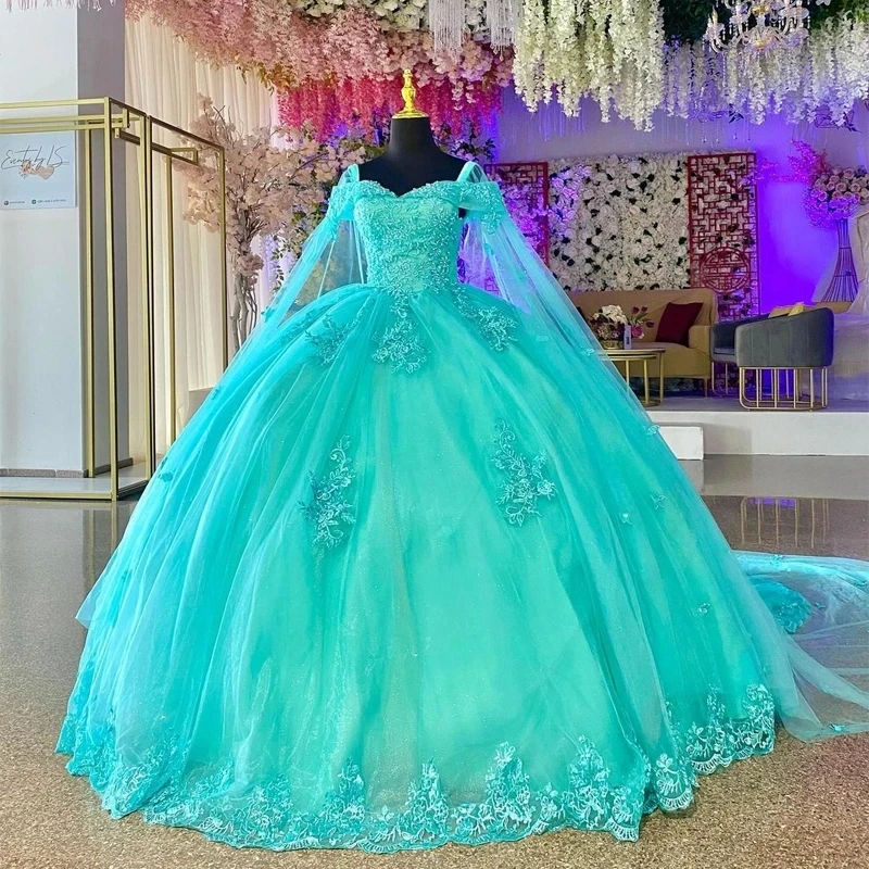 Off-Shoulder Quinceanera Dresses With Long Cape Appliques Princess Pornos De 15 A&ntilde;os Formal Party Ball Gown HOT