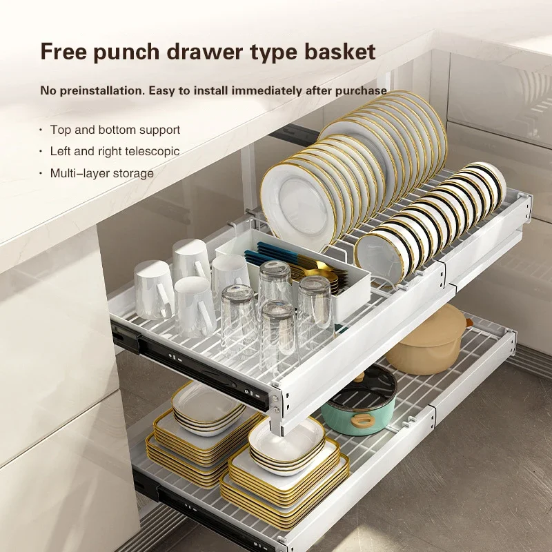 Kitchen Under Cabinet Dish Storage Rack Multifunctional Recessed Spice Bottle Pot & Bowl Organizer Layered Push Pull Draw 3