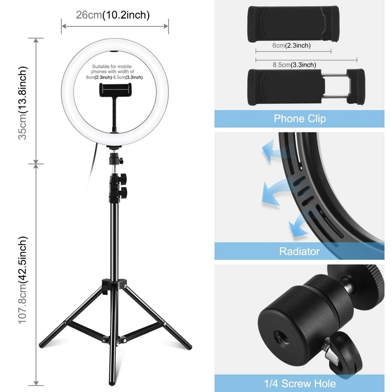 PULUZ 10.2 inch 26cm LED Ring Light + 1.1m Tripod Mount Vlogging Video Light Live Broadcast Kits