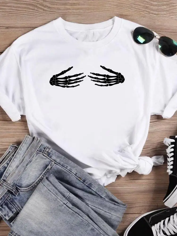 

Halloween Thanksgiving Skull Funny Cute Festival Women Female Fashion Clothing Short Sleeve T-shirts Print T Top Graphic Tee