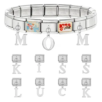 Fashion Y2k Silver Color English Letter 26 A-Z Pendant Italian Charm Link Fit 9mm Stainless Steel Bracelet Jewelry Making DIY 1