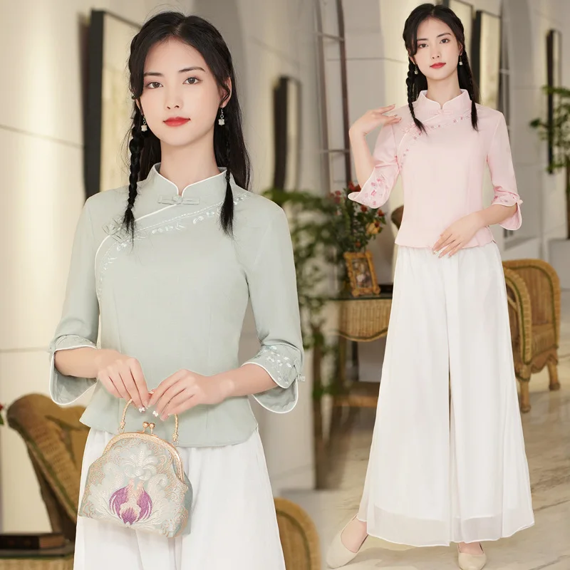 

2022 new literary and artistic small fresh retro embroidery improved Hanfu national style seven sleeve top