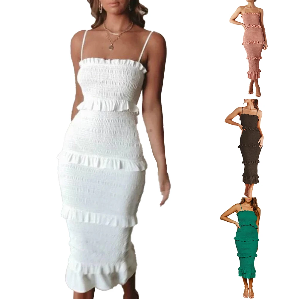 

Women Summer Casual Smocked Bodycon Dresses Spaghetti Strap Ruffle Prom Dress Solid Color Backless Summer Beach Sundress