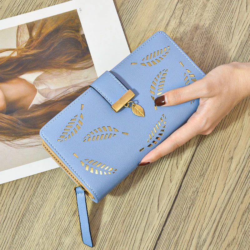 

Новый тренд, Женский кошелек, длинный модный клатч с вырезами, с листьями, вместительный кошелек на молнии с пряжкой