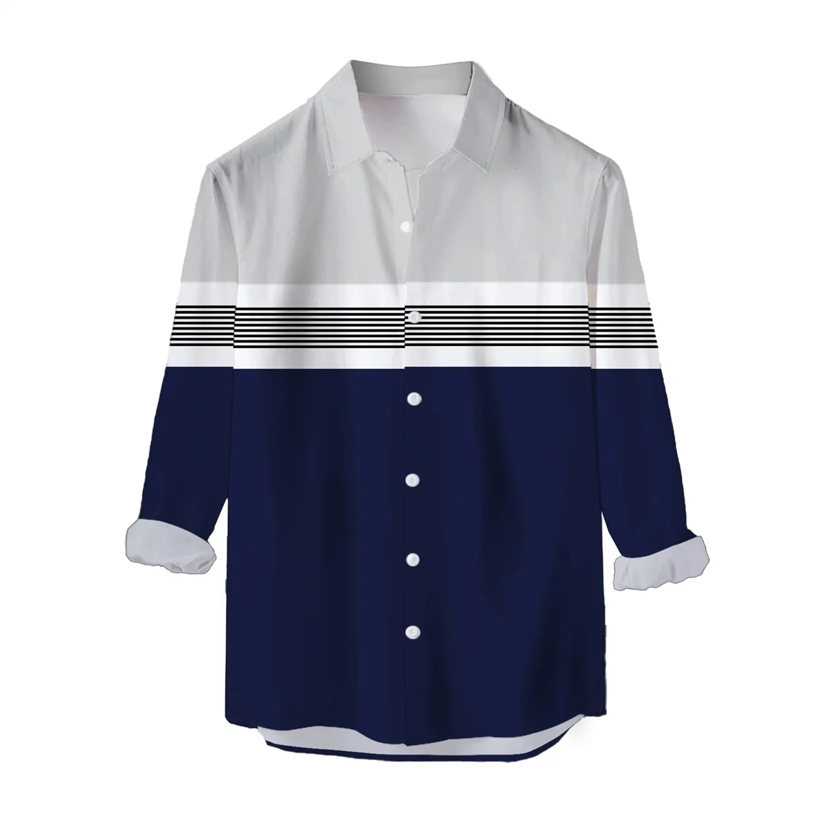 Men's long-sleeved shirts color-blocked striped print men's lapel tops fashionable and comfortable large size men's shirts 2024