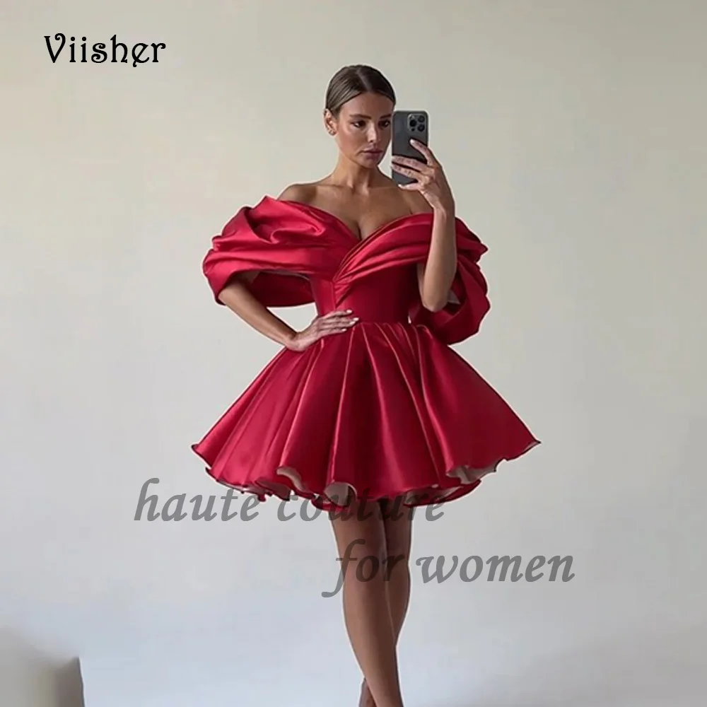 

Viisher Red Short Prom Dresses Off Shoulder Draped Satin A Line Puffy Party Dress Above Knee Women Cocktail Gala Gowns