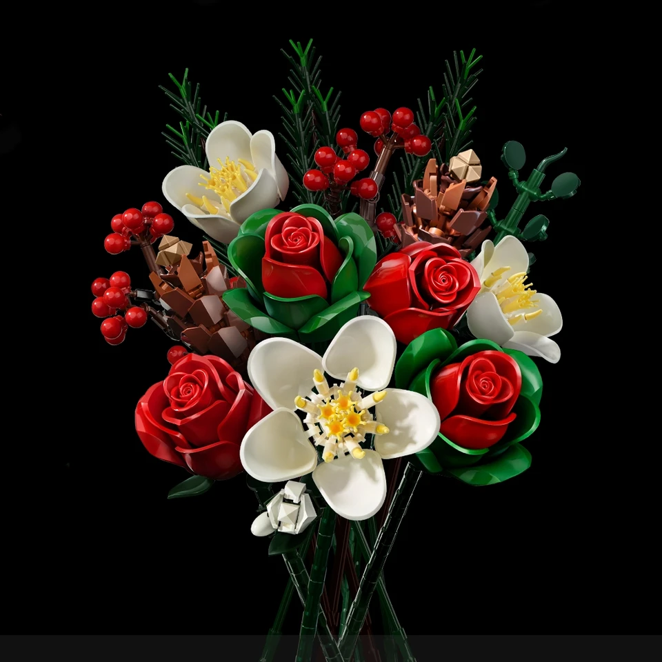 Gelber Blumenstrauß Baustein-Rosen-Kunstblumen-Bausatz, botanische Kollektion, Heimdekoration, Weihnachten_voghion.com