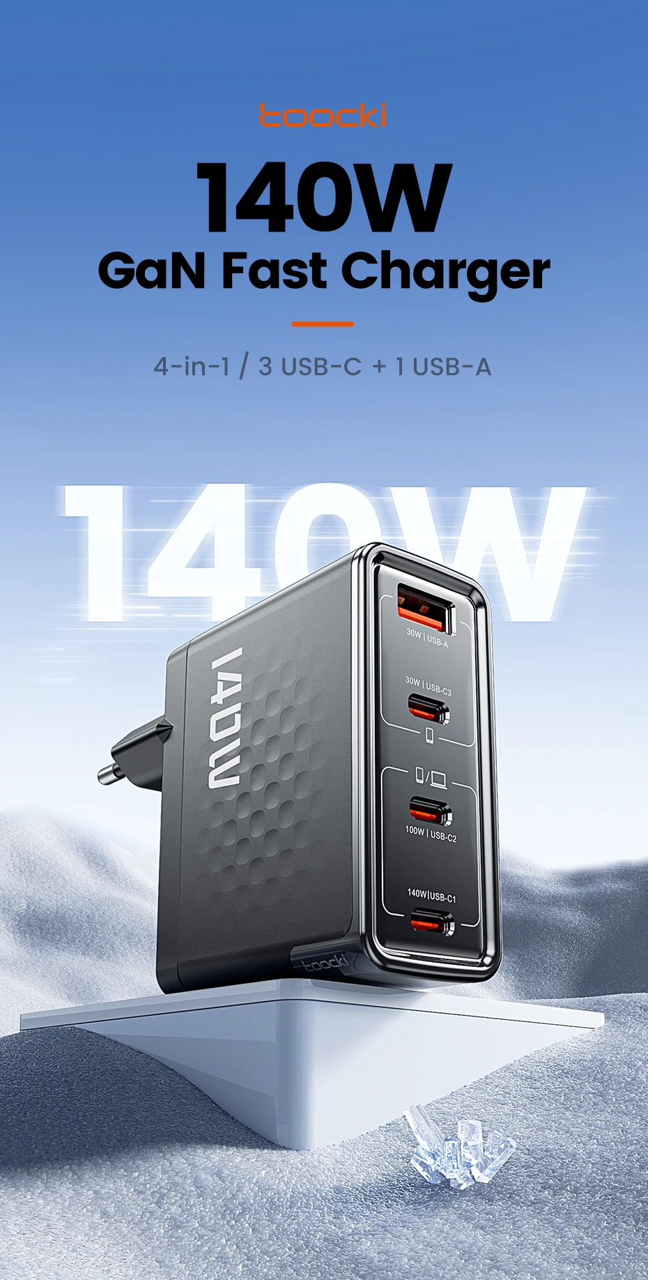 140W GaN-laddare framifrån kompakt design