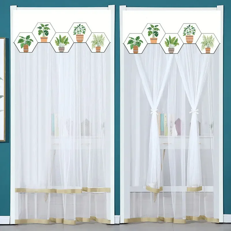Lace Embroidered Door Curtain, Punch-free Mosquito Screen Curtain, Breathable Bedroom Partition Curtain, Double Layer, 1Pc