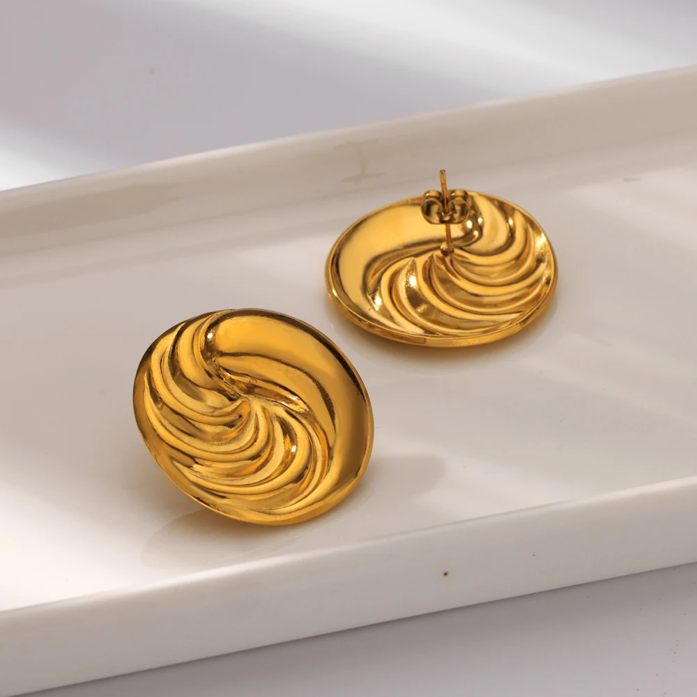 Irregular Texture Round Hollow Stainless Steel Stud Earring for Women