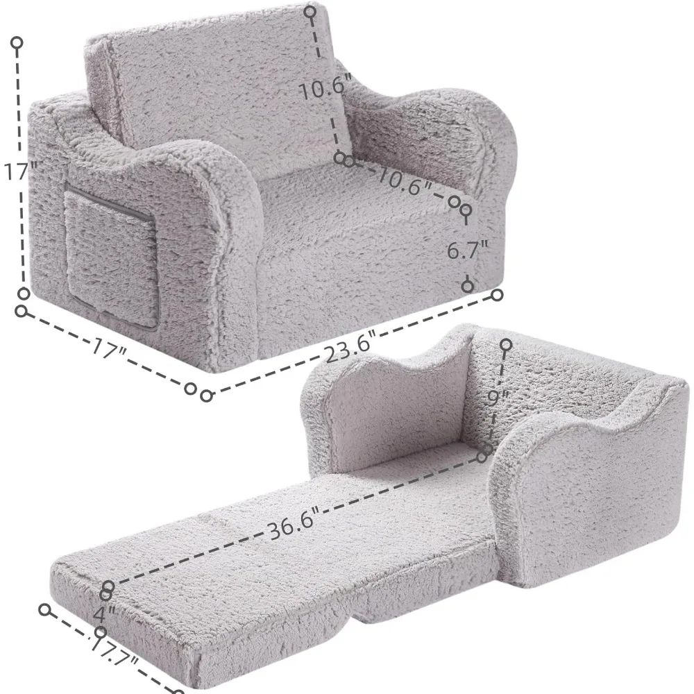 Kids Chairs for Toddler, 2-in-1 Toddler Soft Sherpa Couch Fold Out, Convertible Sofa to Lounger for Girls and Boys, Grey 3
