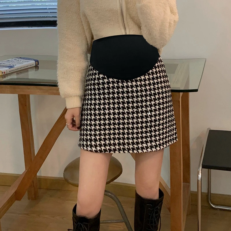 Pregnant Women Autumn Clothes Belly Skirts Vintage Plaid Maternity Empired Woolen Skirt Leopard Striped Pregnancy A-Line Skirts