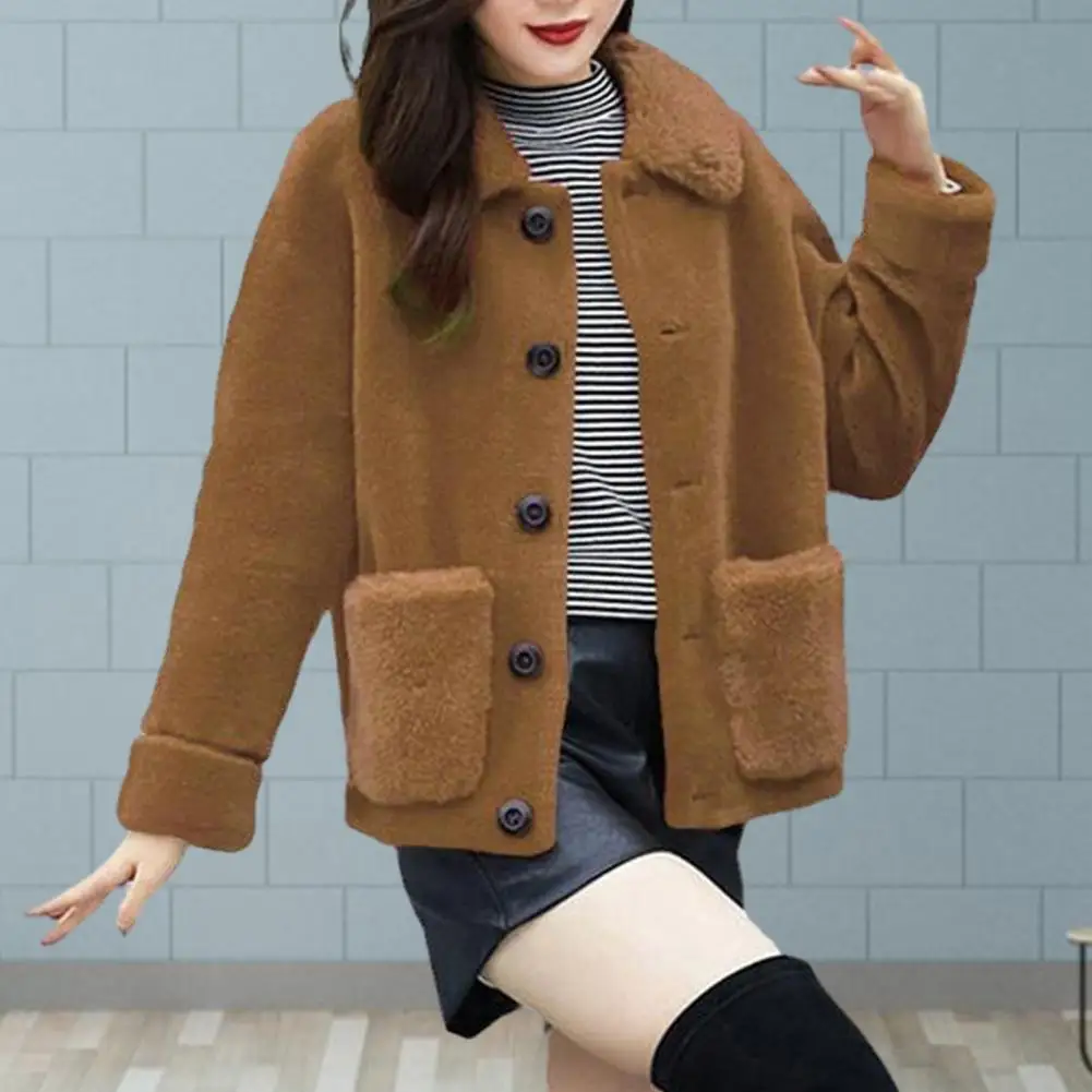 

Women Cardigan Coat Women Loose-fitting Jacket Plush Solid Color Women's Coat with Turn-down Collar Pockets Soft Cozy for Fall