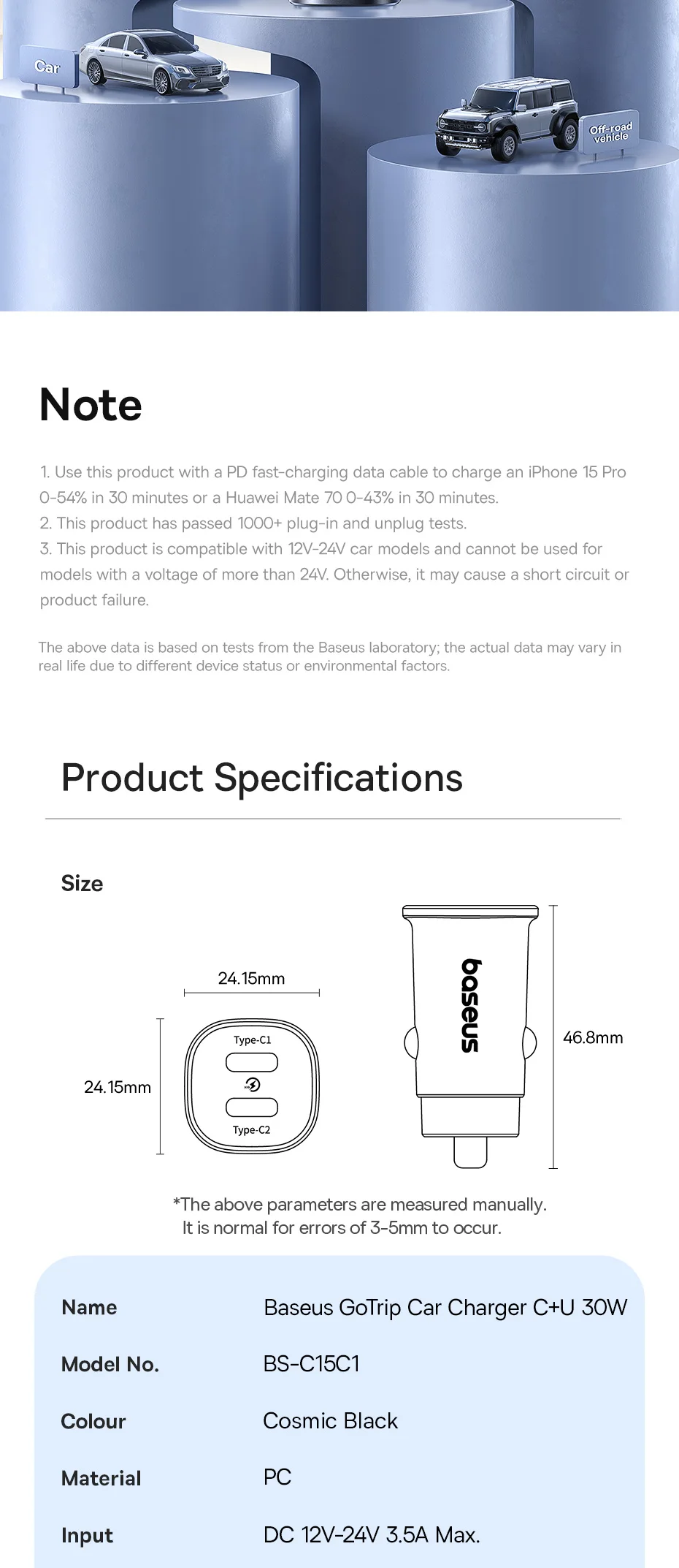30W USB Car Charger Type C Fast Charging Dual Port Car Phone Charger Adapter Fo