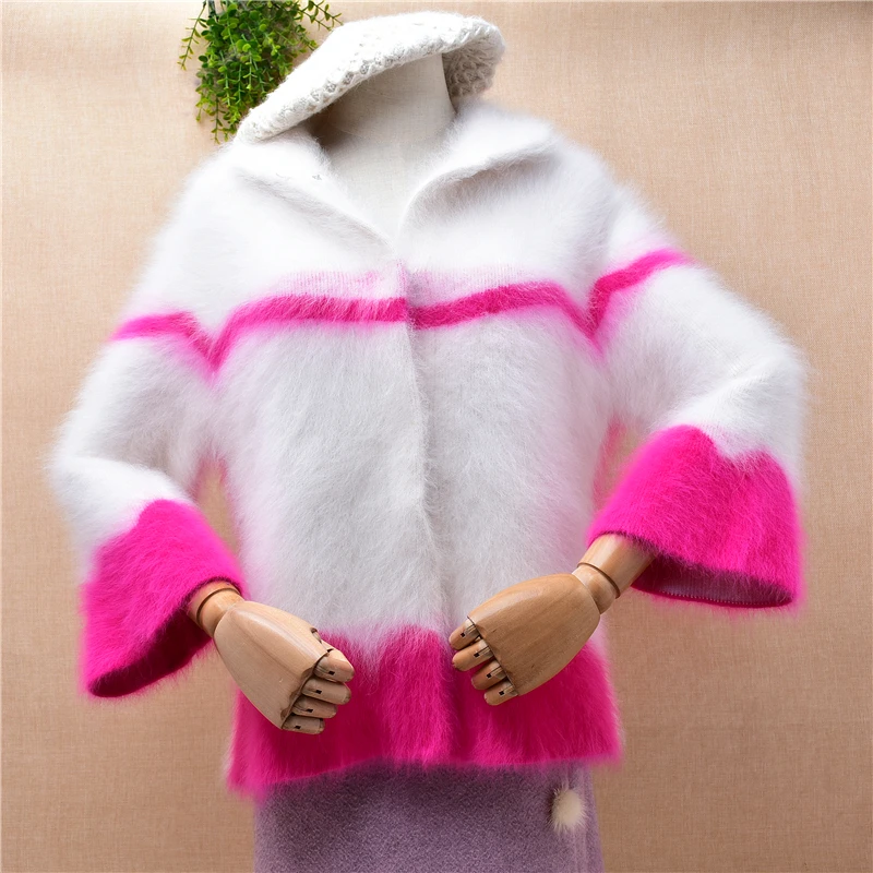 

Ladies Women Fashion Colored Winter Thick Hairy Mink Cashmere Knitted Three Quarter Sleeves Slim Cardigan Jacket Coat Sweater