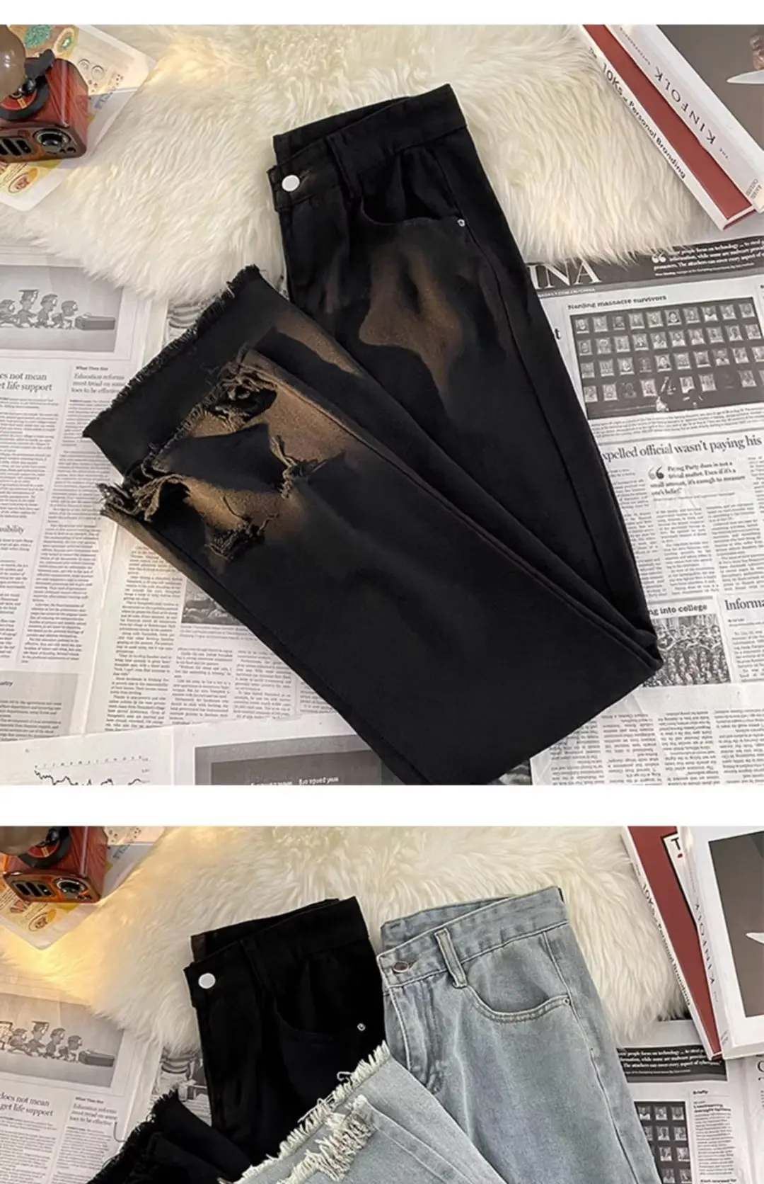 Description Picture 4 of itemTrendy Hong Kong Style Men's Summer New Jeans 2024 Unique Fringe Hip Hop Ins Trendy High Street Biker Trousers