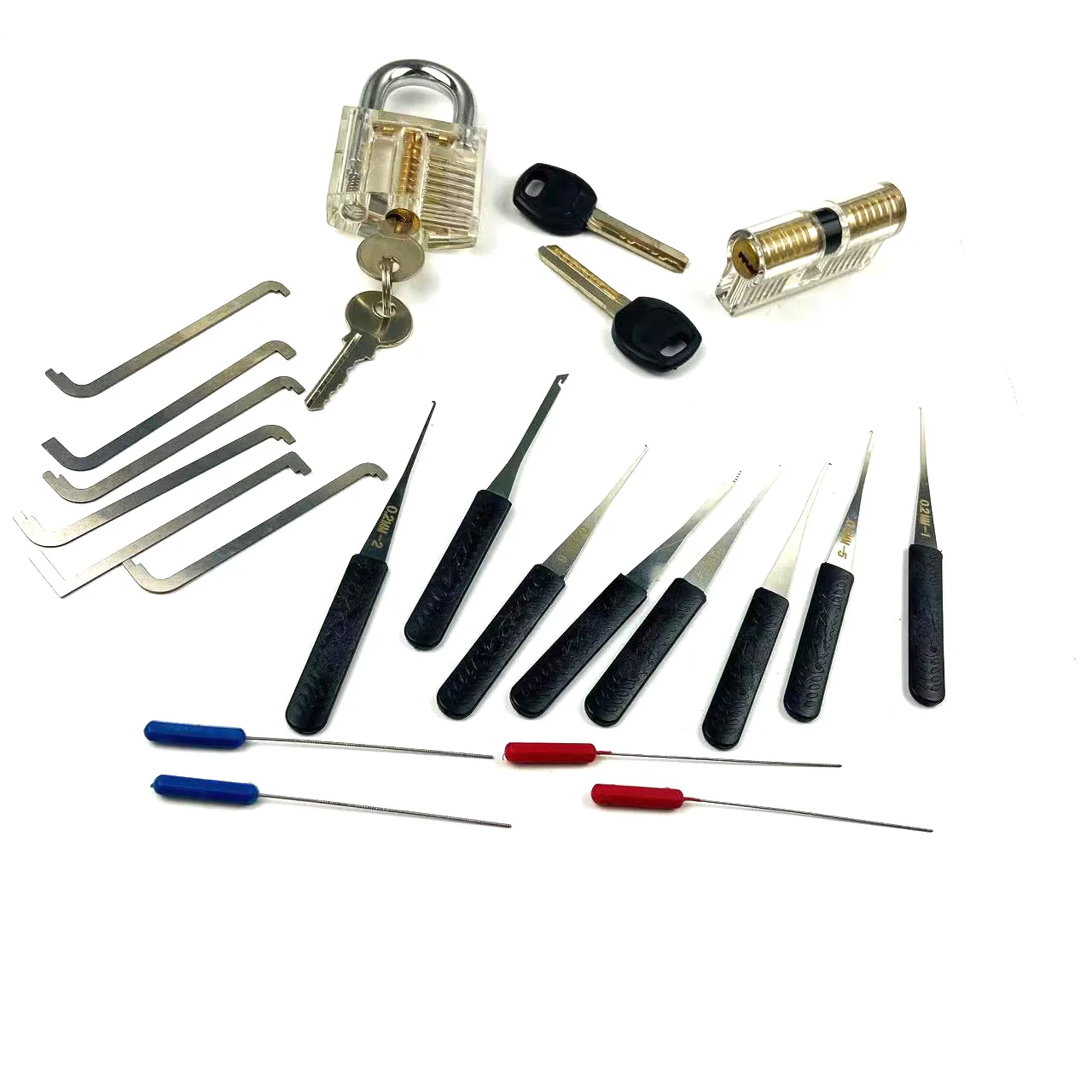 2pcs Transparent Locks with 12pcs Broken Key Pick Tools,New 6pcs Tension Wrench Tool Push Rod Tool,Practice Pick Kit