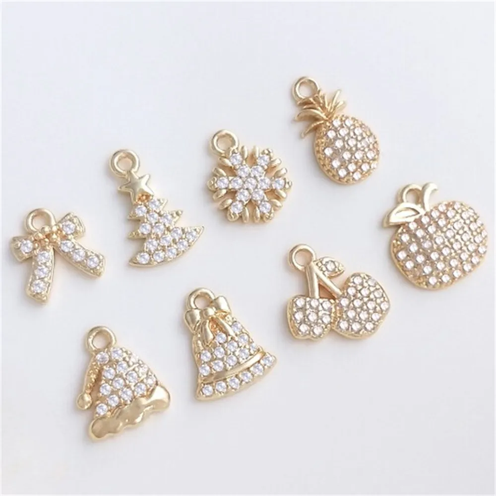 14K Gold Filled Micro Inlaid Zircon Christmas Collection Small Charm Snowflake Fruit Cherry Pineapple DIY Charms Pendant K469 14k gold wrapped snowflake snowman bell gift box reindeer christmas tree series charm pendant diy jewelry pendant