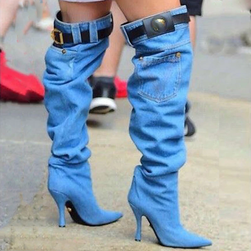 

Arden Furtado 2022 spring autumn fashion blue denim Jeans boots Stilettos heels 8cm Women's boots Large size knee high boots 45