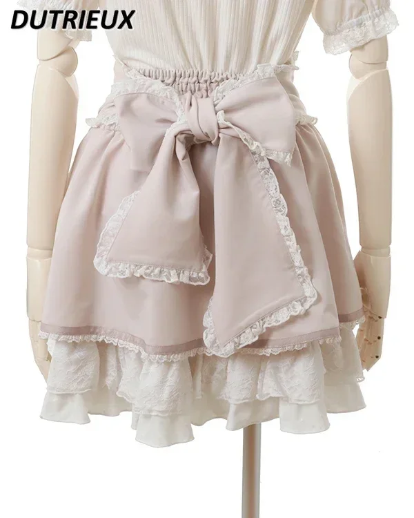 Japanese High Waist Drawstring Slim-Fit Lolita Skirt Women Multi-Layer Lace Bow Cake Skirts Summer Pleated Skirt lolita skirt