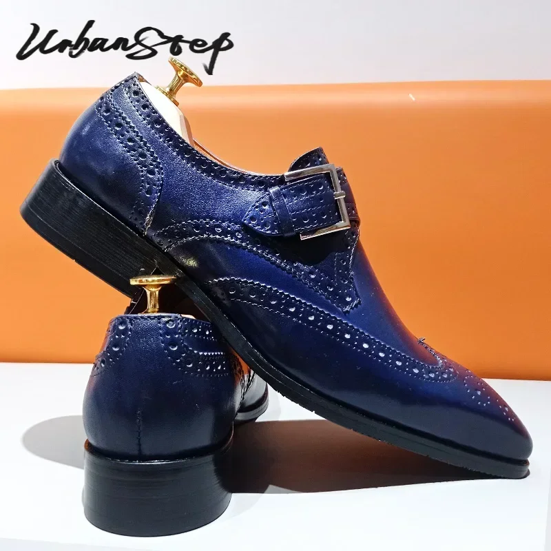 Luxury Casual Men Monk Strap Shoes Blue Black WingTip polishing Loafers Men Dress Shoes Wedding Office Leather men monk strap shoes