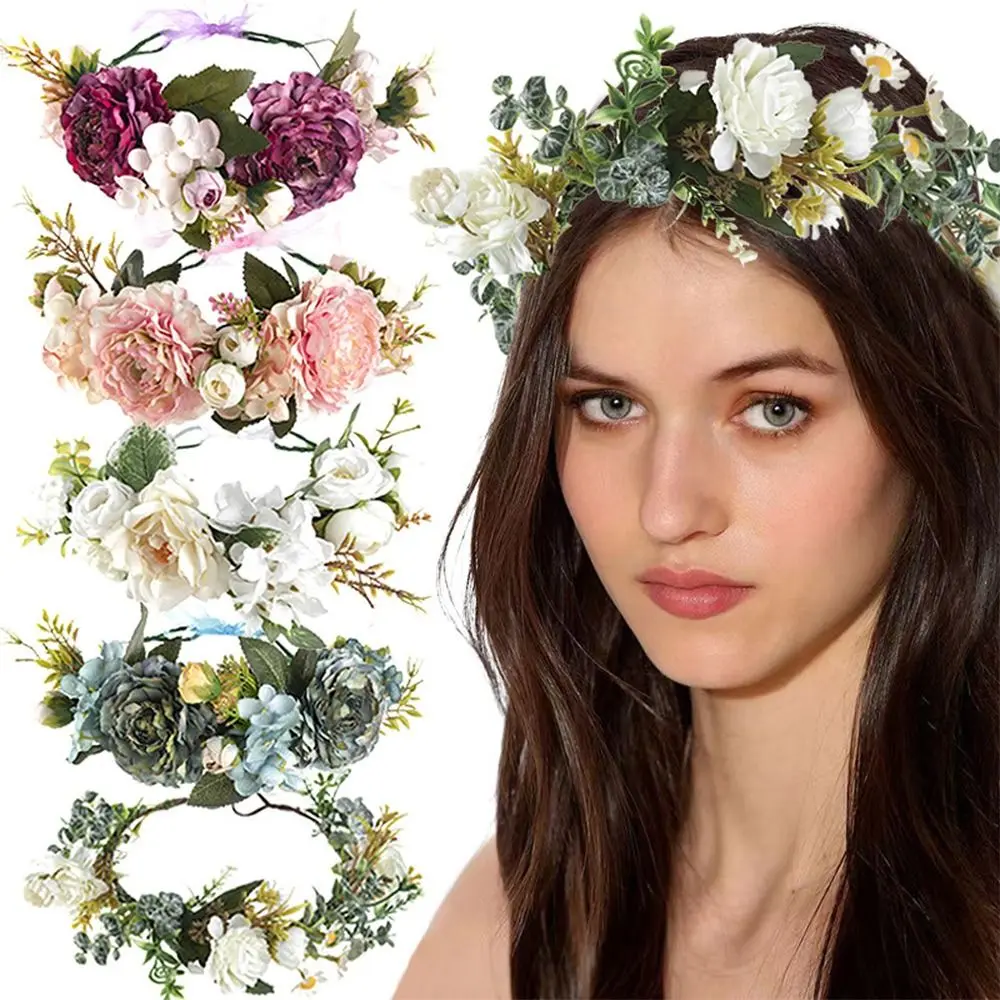Bohemian Festival Wedding Flower Crown Photo Props Rose Green Leaf Floral Headpiece Headwear for Women Girls