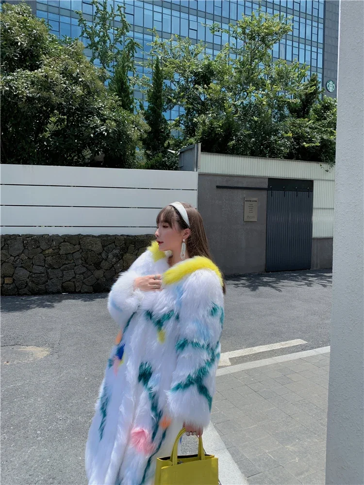 Imported Fox Hair Woven Fur Coat Mid-length Hooded Slimming Knitted Thick Warm Fur Casual Women Jacket for Women Color Contrast