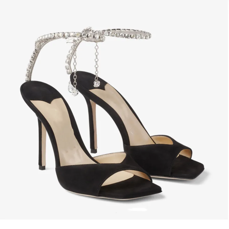 

Luxury Women Shoes Peep Toe Thin Heels Slingback Chaussure Femme Chains Strap Sandals Bling Zapatos Designer Sapatos Femininos