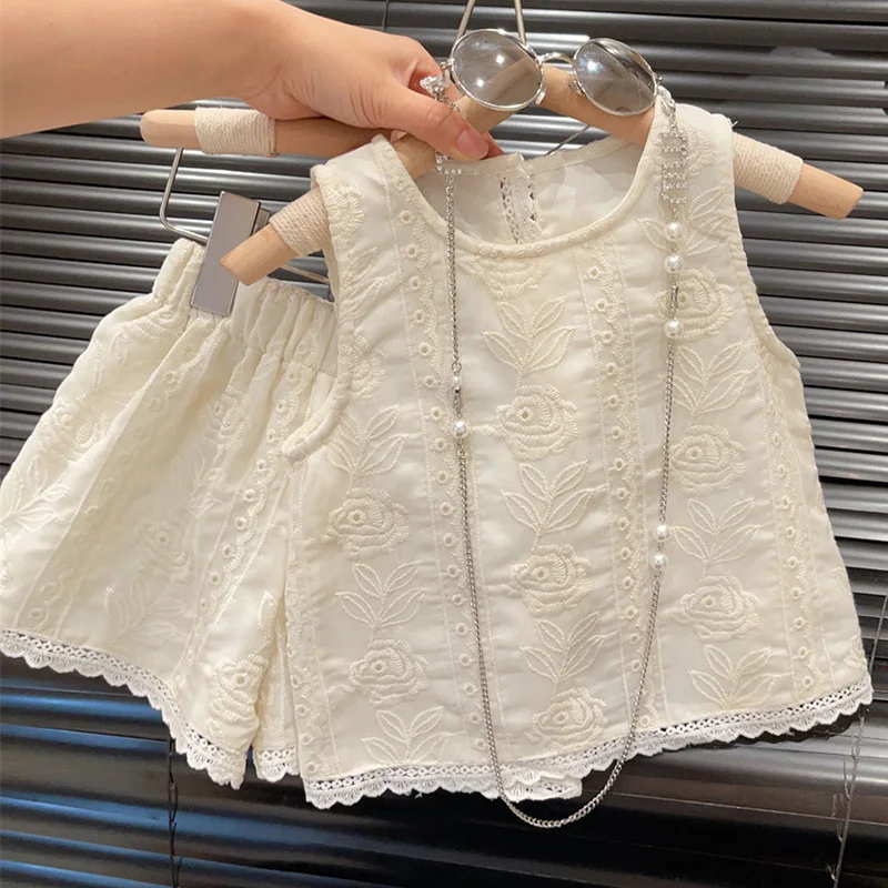 2024 New Summer Korean Style Baby Girls Clothing Set Sleeveless Cotton Embroidered Vest+Shorts 2-7Yrs Children Clothes Suit 3