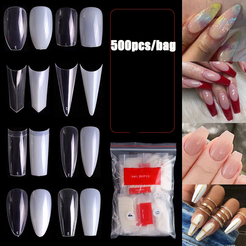 

500pcs Short False Nail Tips French Nail Extension Gel Capsules Full/Half Cover Coffin Clear Stiletto Acrylic Art Manicure Tools