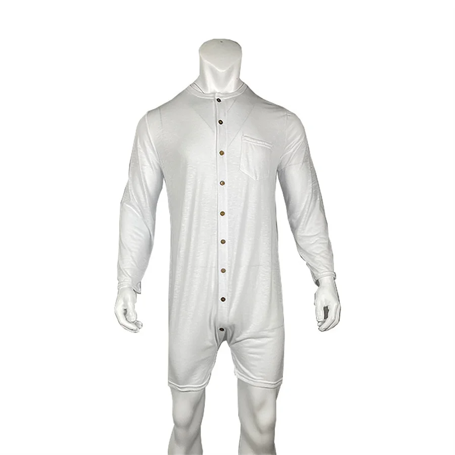 Sexy Pajamas Jumpsuit Men Solid Color Tight O-neck Long Sleeve Sleepwear Summer One-piece Buttons Home Clothes with Shorts