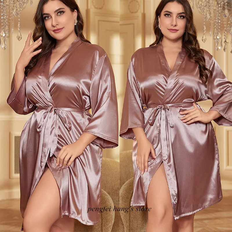 Big Size 3Xl 4Xl 5Xl Robe Satin Bathrobe Gown for Women Spring Summer Homewear Nightdress Loose Loungewear Nightwear