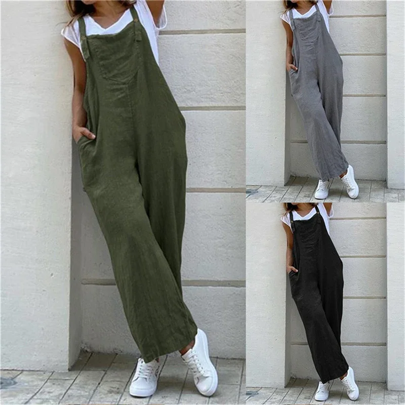 Women Suspender Rompers Overalls 2024 Vintage Jumpsuits Playsuits Long Pockets Wide Leg Pants Combinaison Oversize