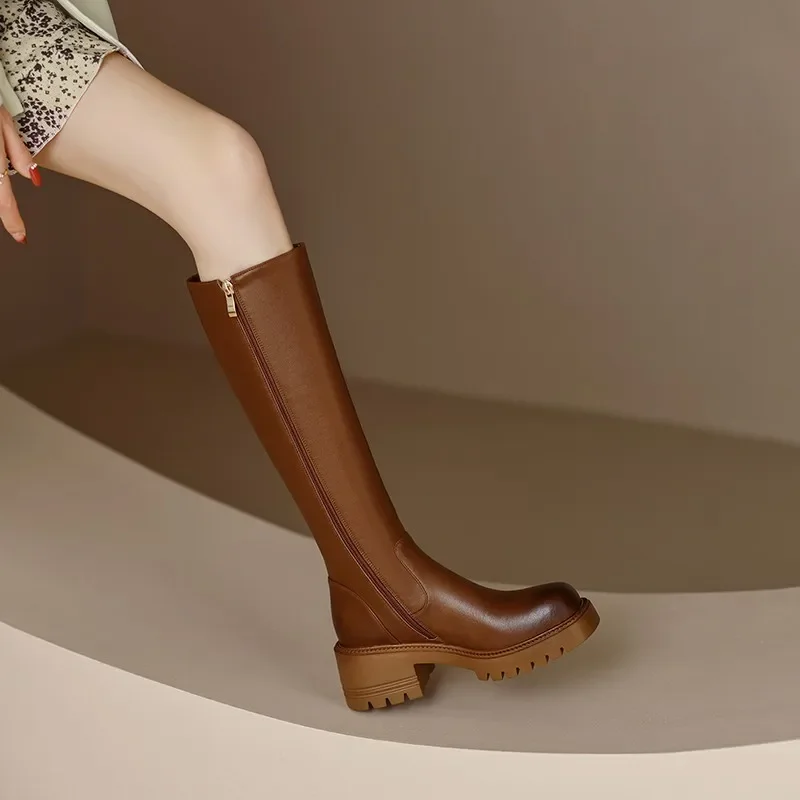 New Boots Women's 2023 Autumn Winter Platform Boots Zipper Long Was High Simple Boots Fashion Motorcycle Boots Botas Mujer