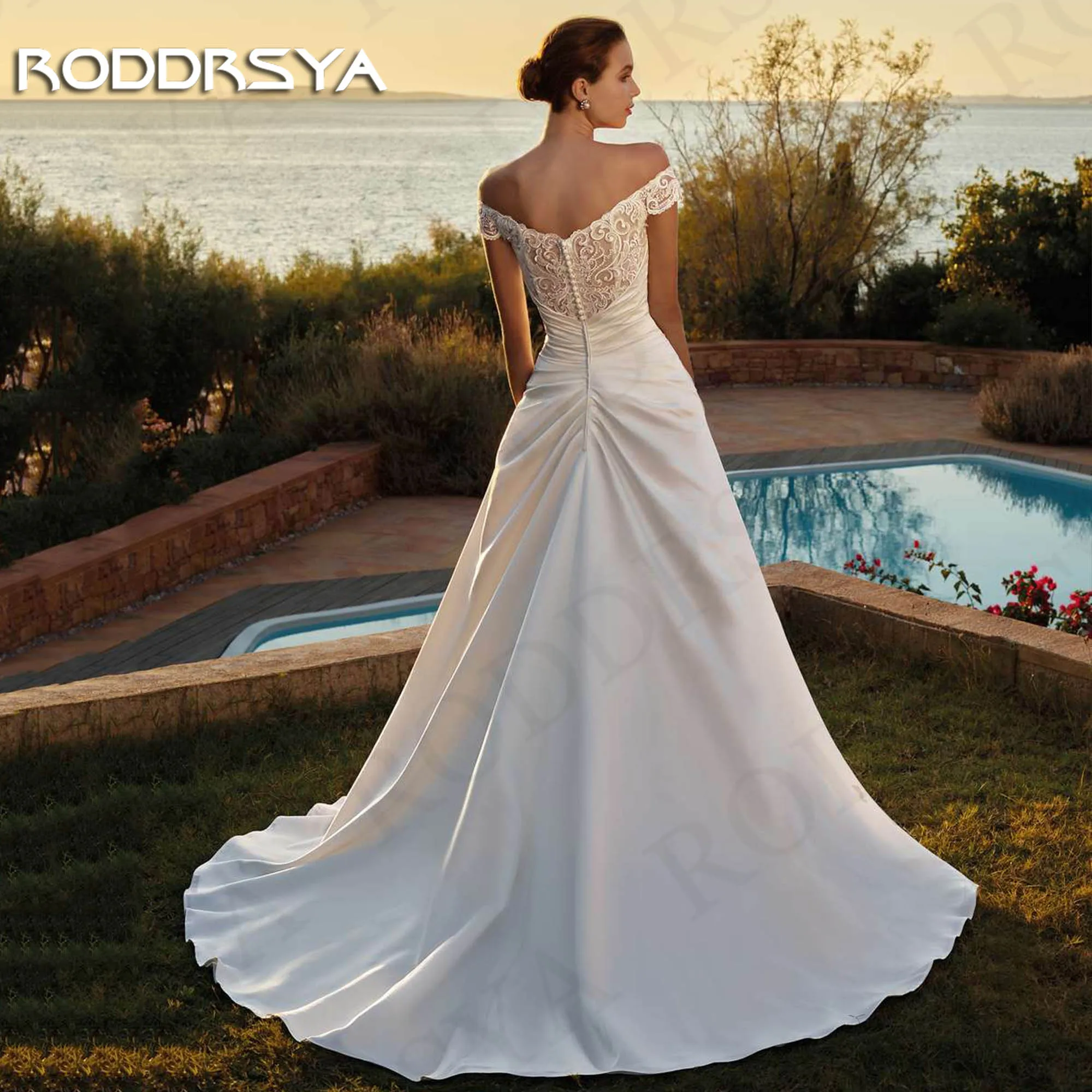 RODDRSYA قبالة الكتف فساتين الزفاف الساتان حبيبته...