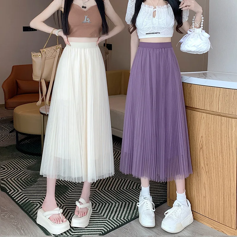 

Women Solid High Waisted Skirt Many Colors Mesh Tulle A-line Midi Skirt With Lining for Spring Summer