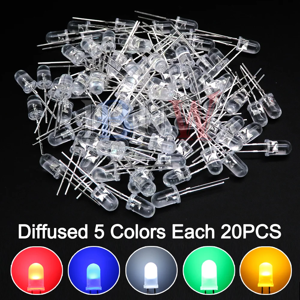 100 개/몫 5mm LED 다이오드 F5 모듬 키트 IBUW 흰색 녹색 빨간색 파란색 노란색 오렌지 핑크 보라색 따뜻한 흰색 DIY 발광 다이오드