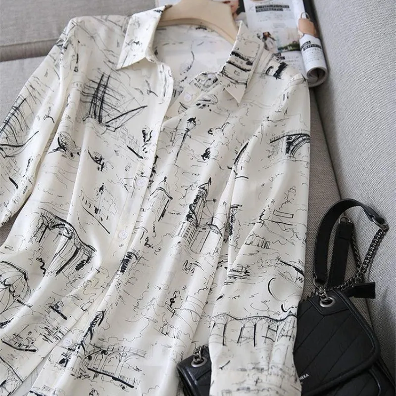 2024Korean Printed Long Sleeved Shirt for Women's Spring and Autumn Fashion POLO Collar Single Row Multi Button Chiffon Top