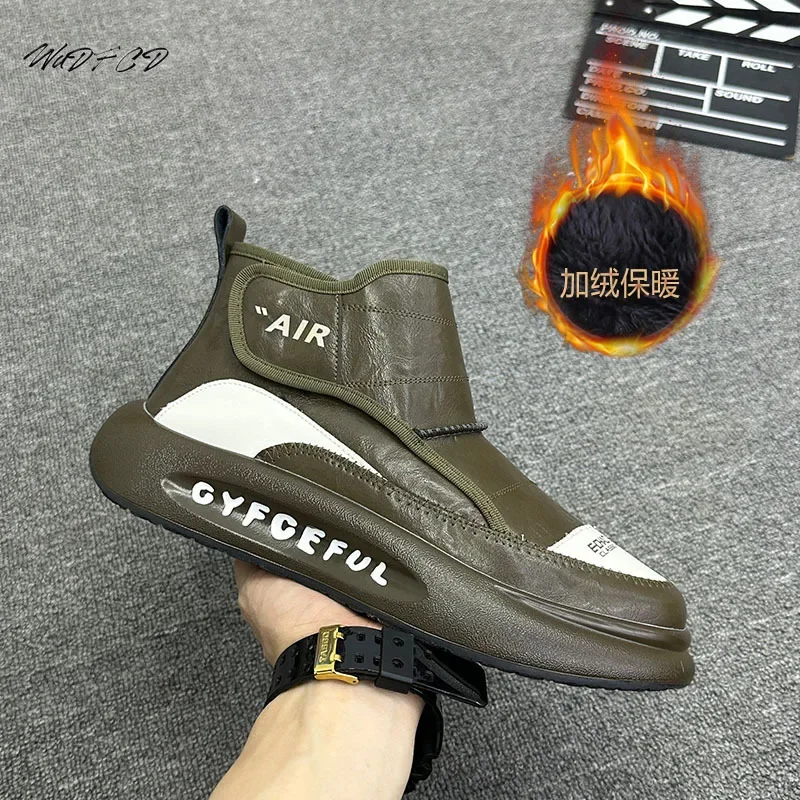 

High Top Chunky Sneaker Men Winter Plush Warm Snow Boots Fashion Casual Microfiber Leather Height Increased Flat Platform Boots