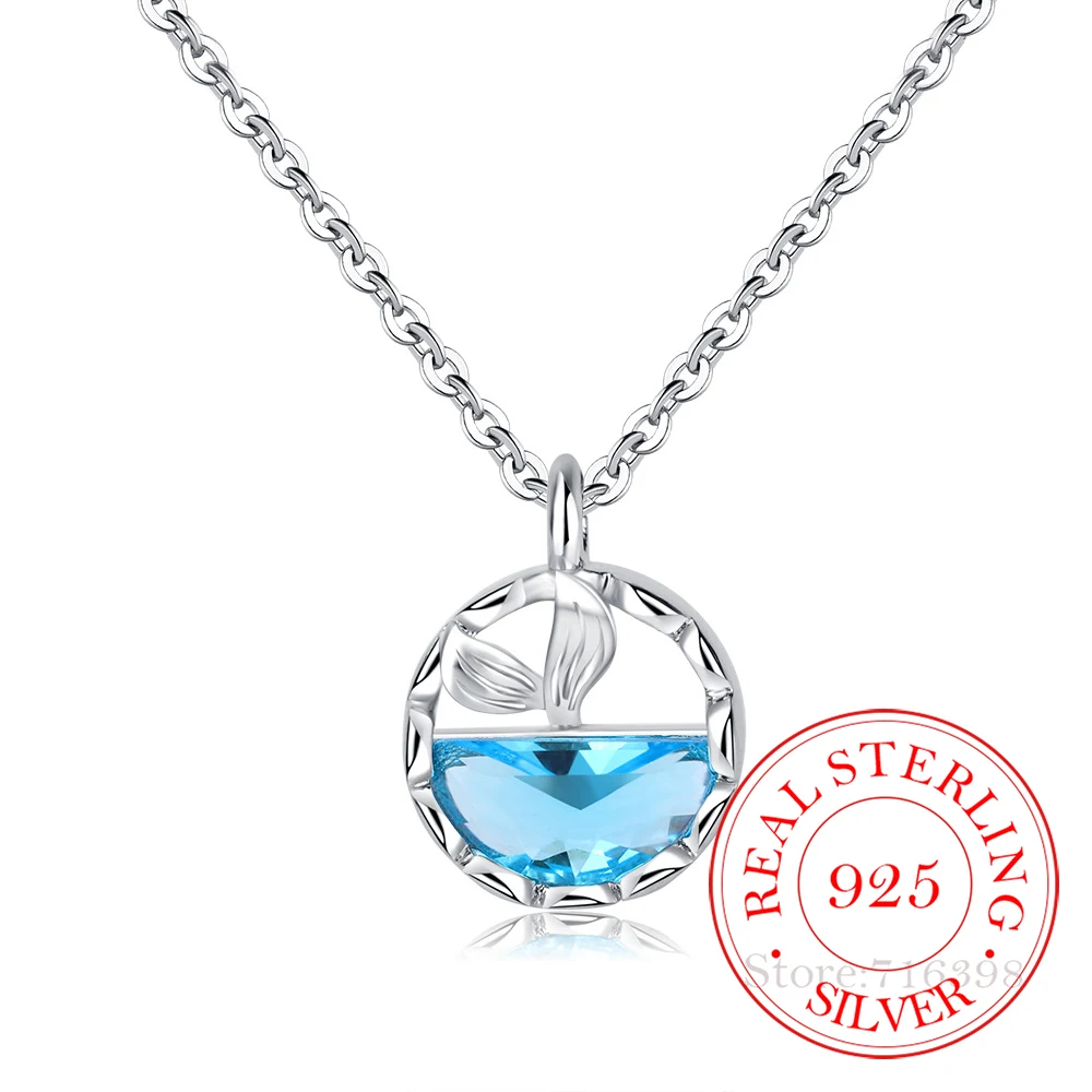 

Promotions 925 Sterling Silver Blue Fishtail Crystal Pendant Necklace for Women CZ Zircon Pretty Necklace Wedding Party Jewelry